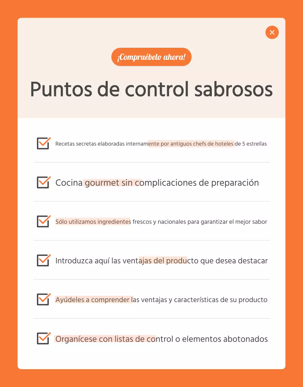 Promover los puntos de control de alimentos básicos de naranja y marfil