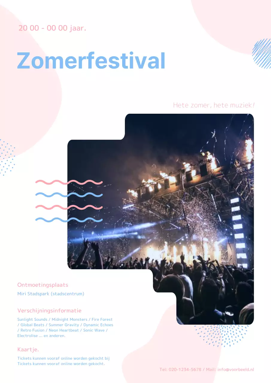 Aankondiging van lichtblauwe en roze kitscherige zomerfestivals.