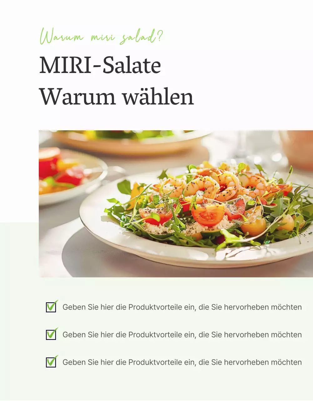 Bewerben Sie einen einfachen Salat mit weißer und chartreuser Intro-Beschreibung