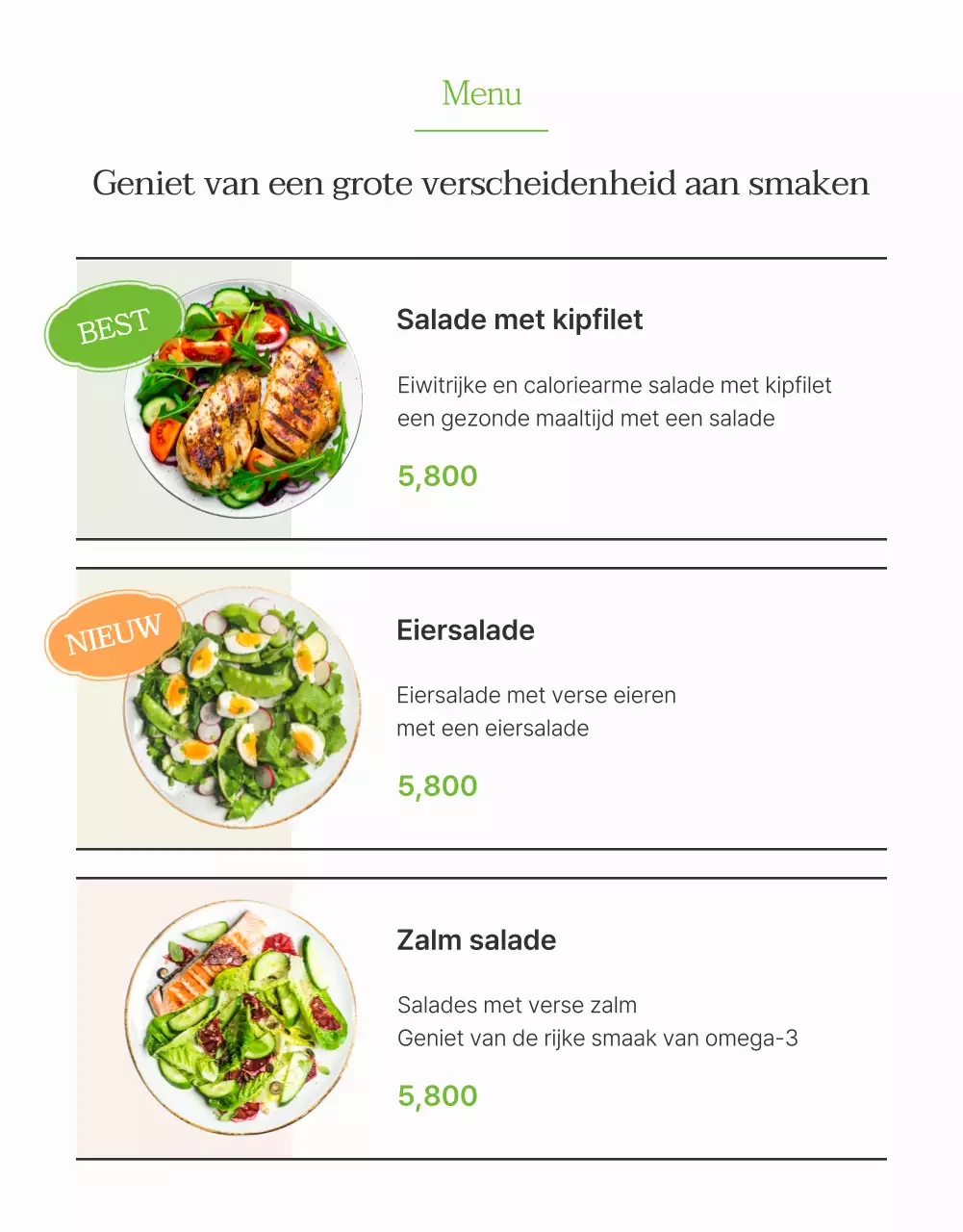 Promoot een eenvoudige saladepagina in wit en chartreuse
