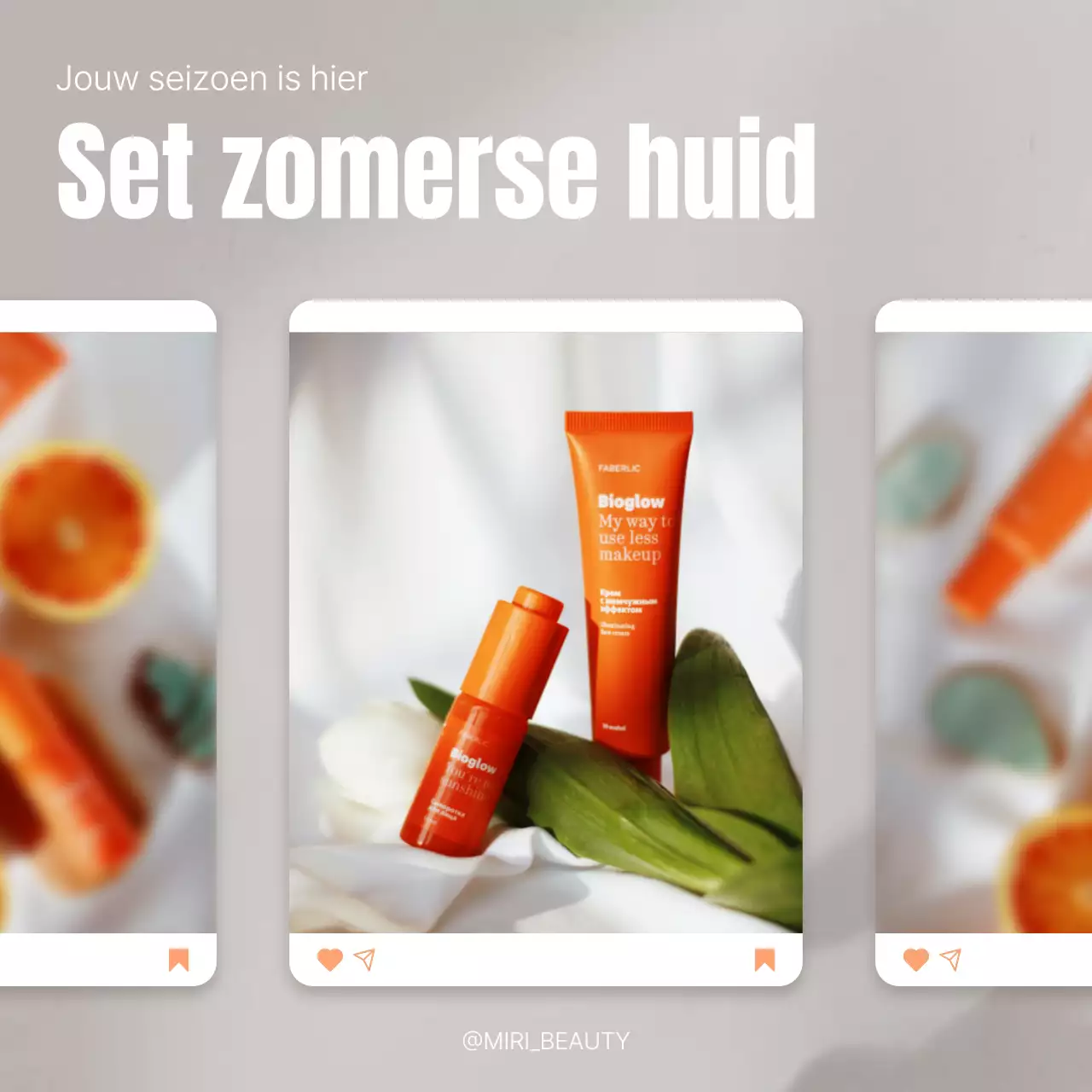 Een moderne zomerse cosmeticapromotiepost in oranje en wit