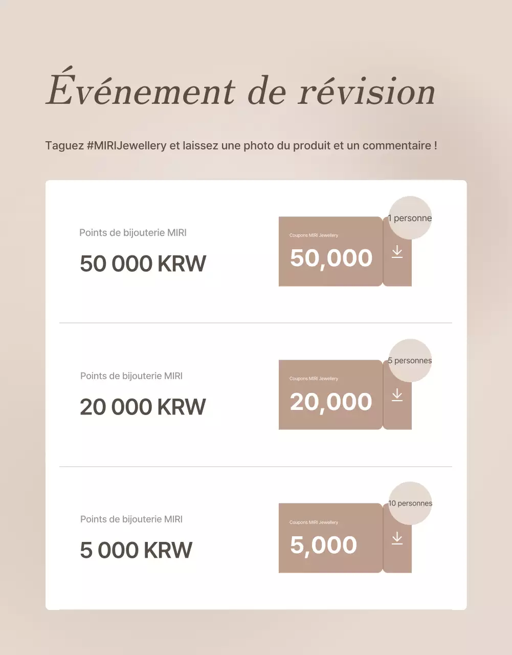 Faites la promotion de votre page d'avis sur les bijoux dans les tons bruns et beiges