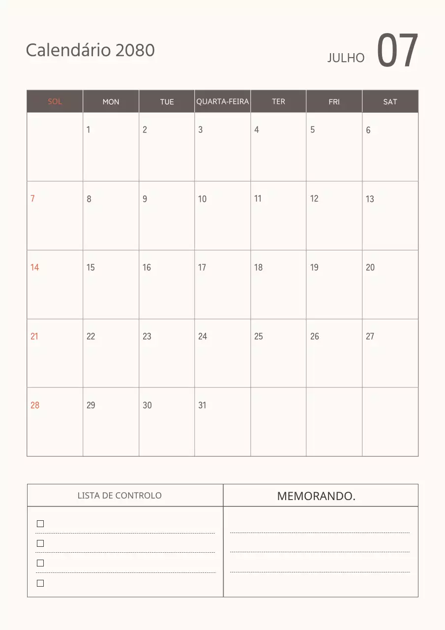 Calendário simples em castanho e bege.