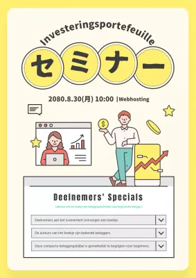 Publiciteit voor een mooi seminar over beleggingsbeheer in geel en ivoor.