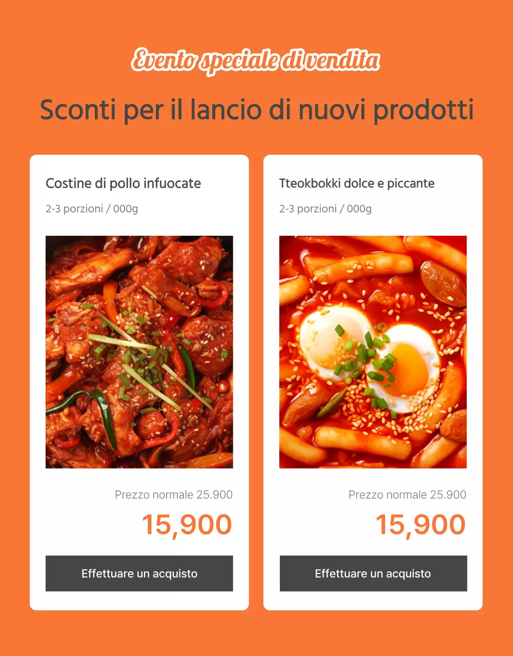 Descrivere e promuovere gli alimenti di base dei kit pasto in Orange e Ivory.