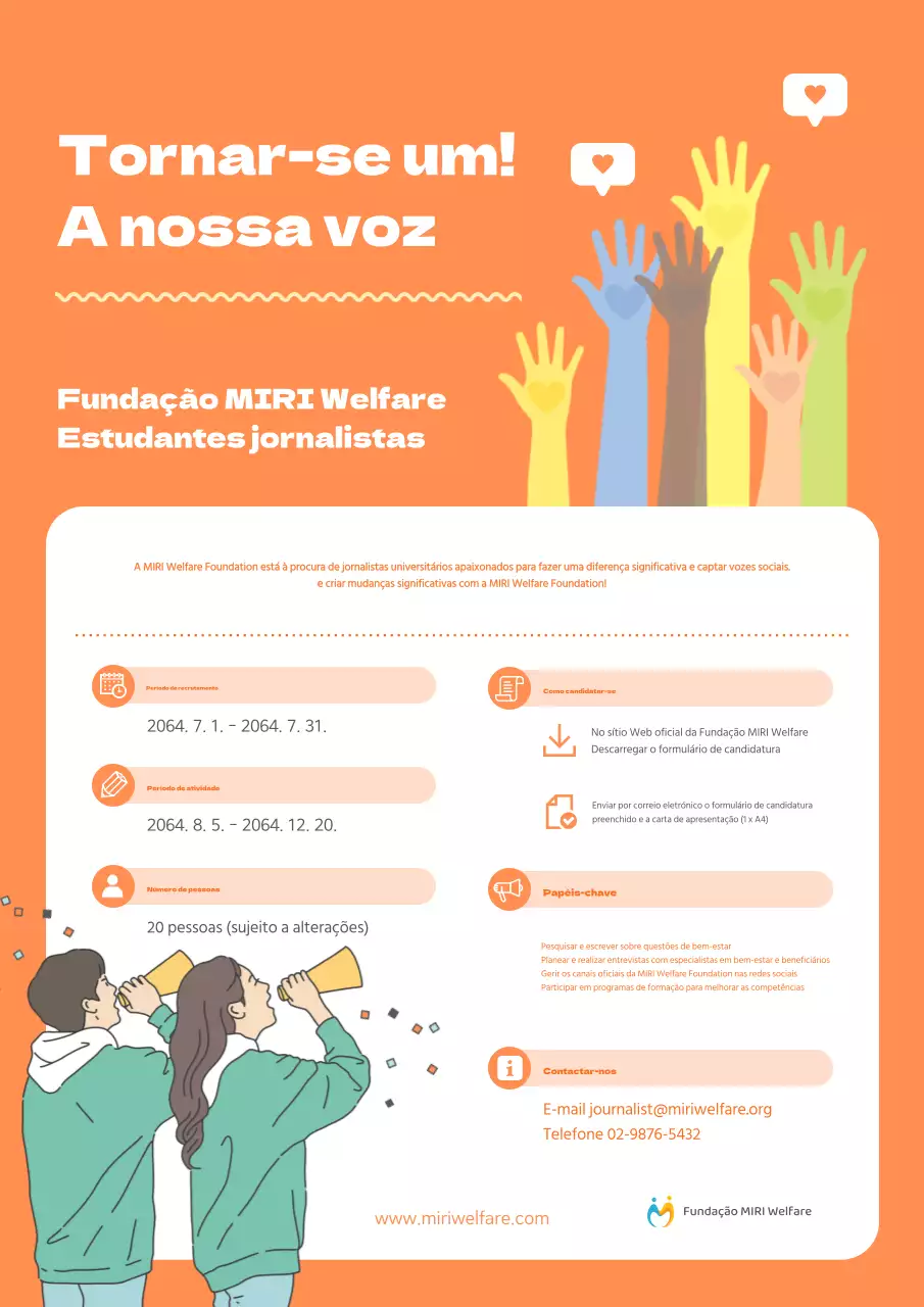 Um bonito anúncio de recrutamento de estudantes universitários de jornalismo em tons de laranja e menta