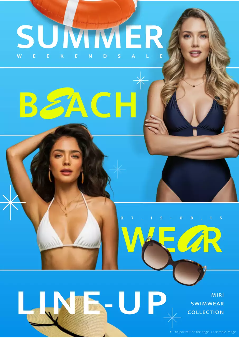 A cool summer vacation fashion ad in blue and chartreuse.