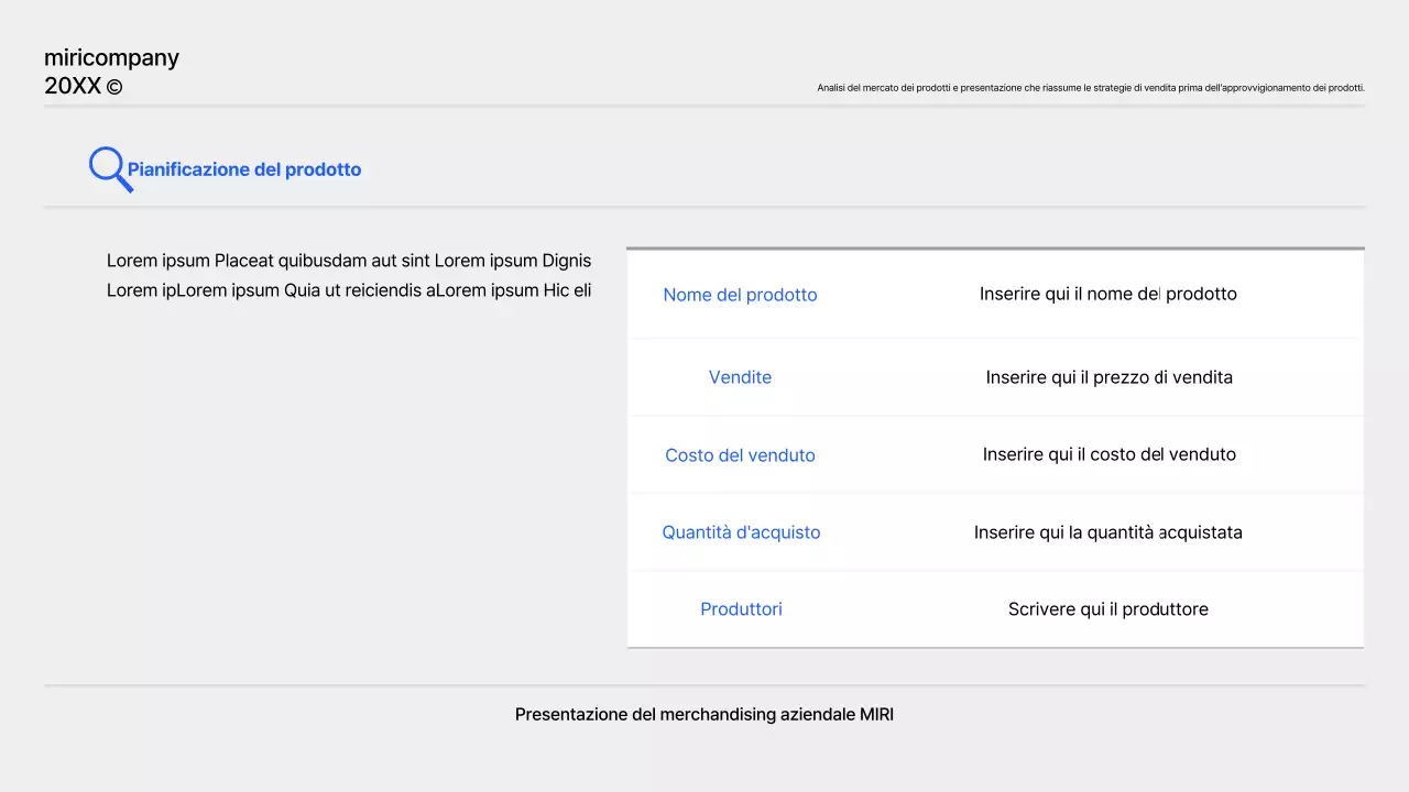 Un semplice rapporto di pianificazione del prodotto in blu e grigio