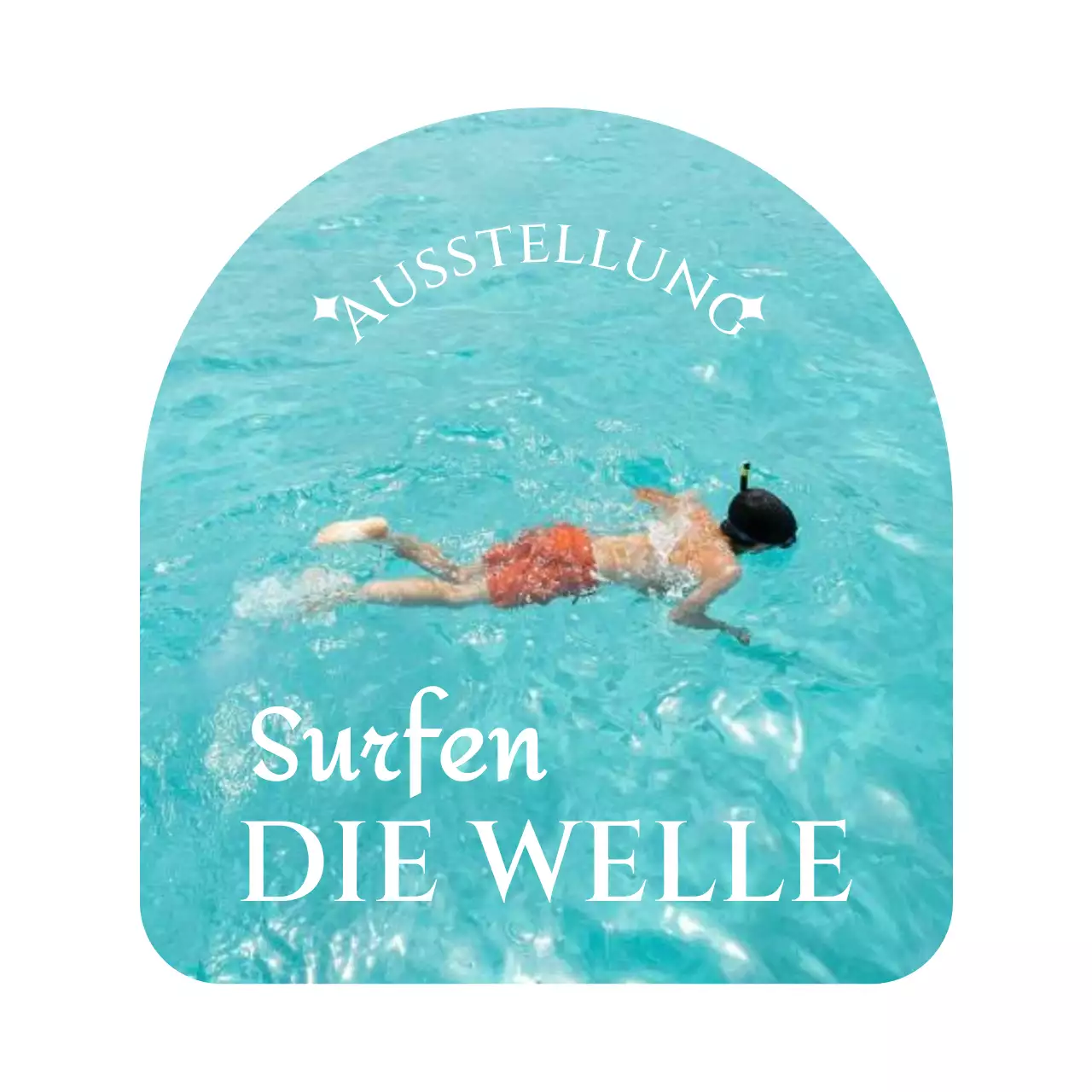 Cooles und sentimentales Ausstellungsgut mit Meeresfotos und Serifenschriften in einem rundbogigen Rahmen.