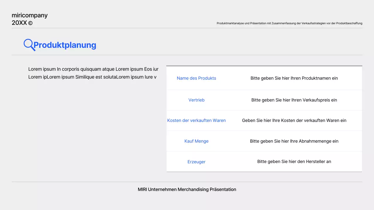Ein einfacher Produktplanungsbericht in Blau und Grau