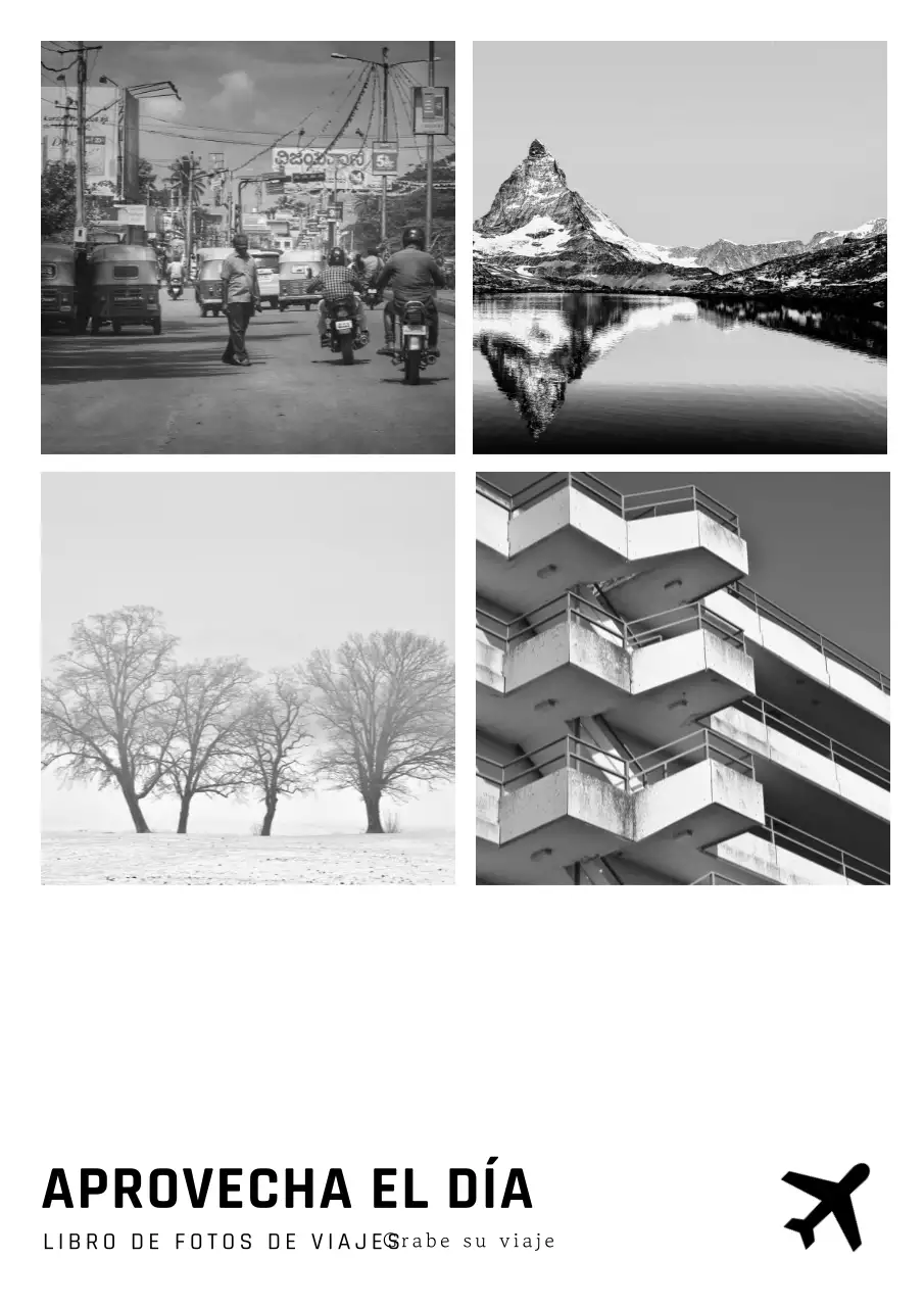 Portada de fotolibro de viajes minimalista en blanco y negro