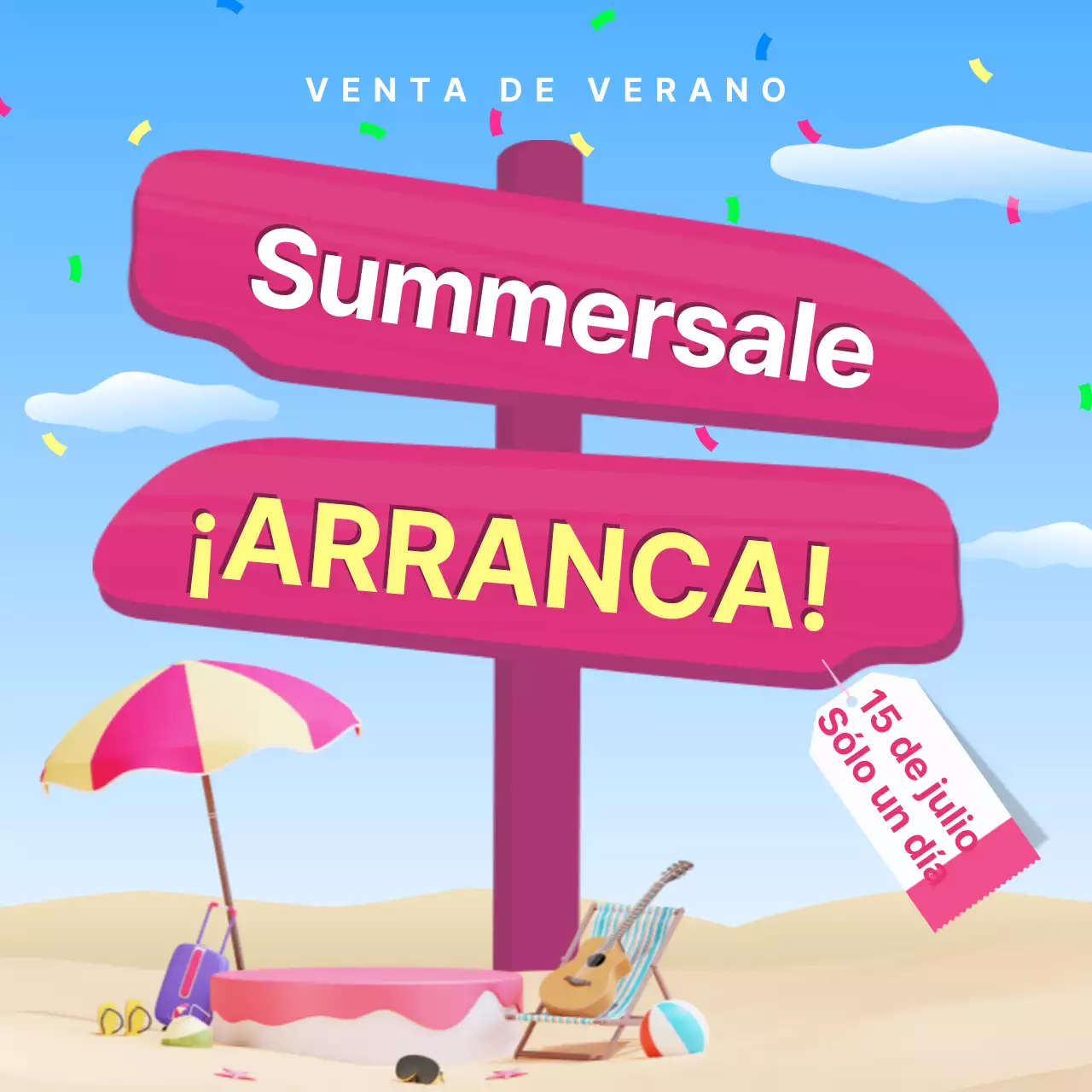 Una colección de miniaturas de eventos veraniegos con acentos azules y rosas