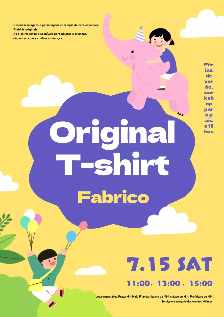 Promover workshops de verão para crianças giras em amarelo e roxo