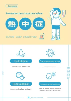 Dépliant simple bleu et jaune sur les coups de chaleur.
