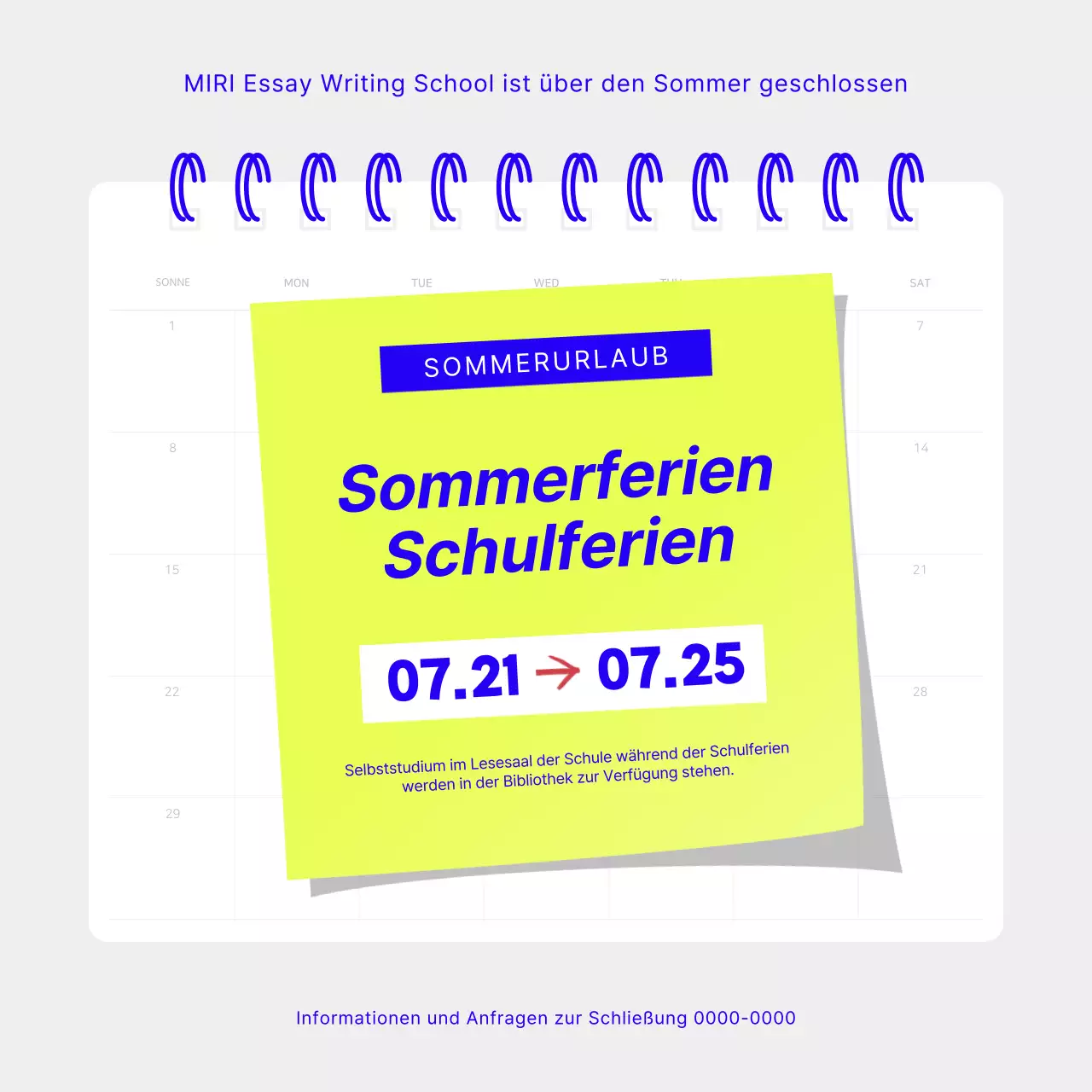 Ein einfacher Aushang für die Schulferien in Chartreuse und Blau