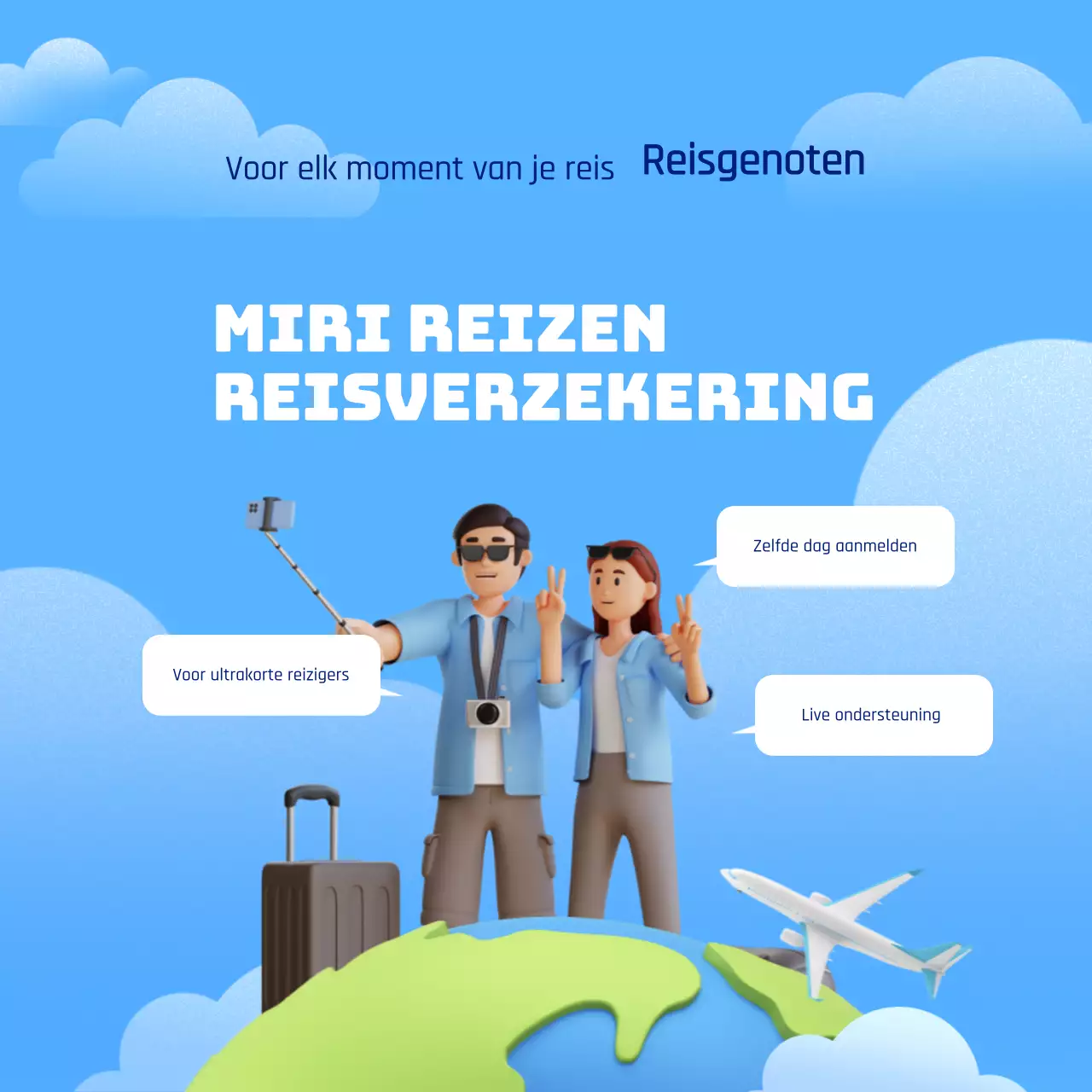 Trendy advertentie voor reisverzekering in blauw en wit