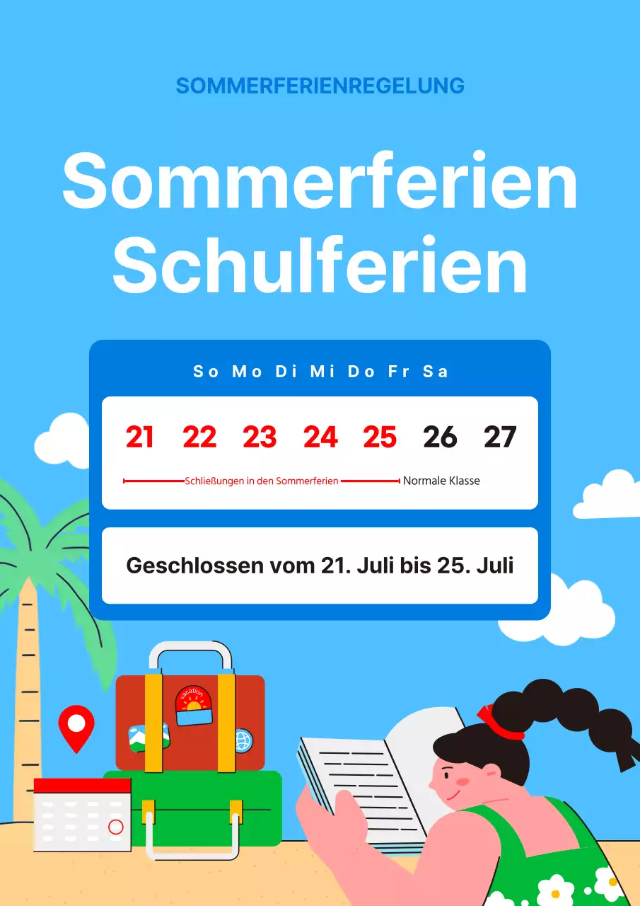 Ankündigung der Sommerferienschließung in Hellblau und Weiß