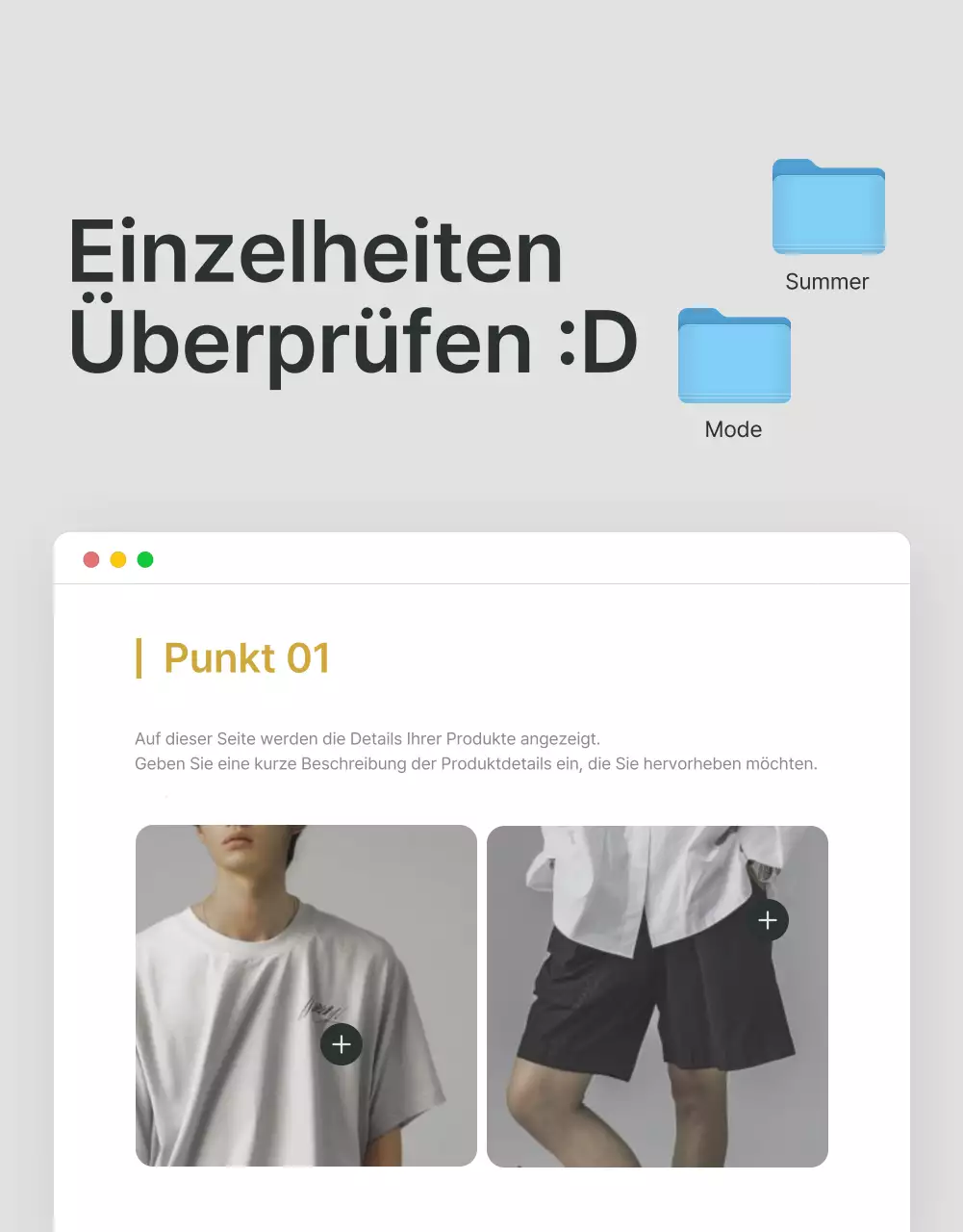 Förderung von Beschreibungen und Details in einem grauen und hellblauen Mode-Einkaufszentrum