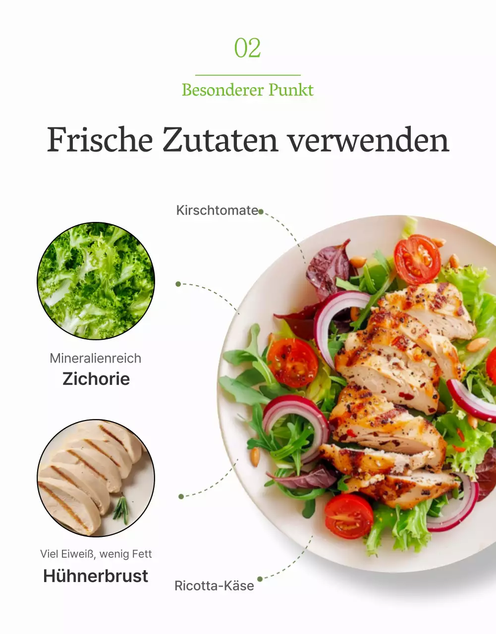 Werben Sie für eine einfache Salat-Detailseite in Weiß und Chartreuse