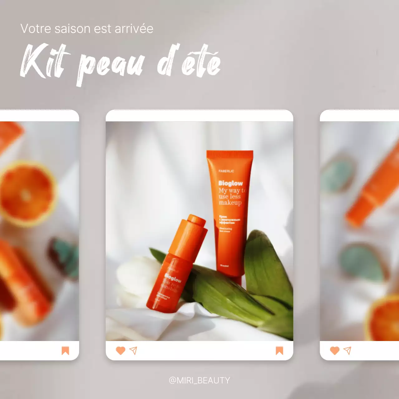Un message moderne de promotion de produits cosmétiques pour l'été, en orange et blanc