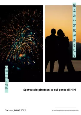 Semplice poster pubblicitario di fuochi d'artificio bianchi e azzurri.