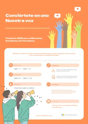 Un bonito anuncio de reclutamiento de estudiantes universitarios de periodismo en colores naranja y menta