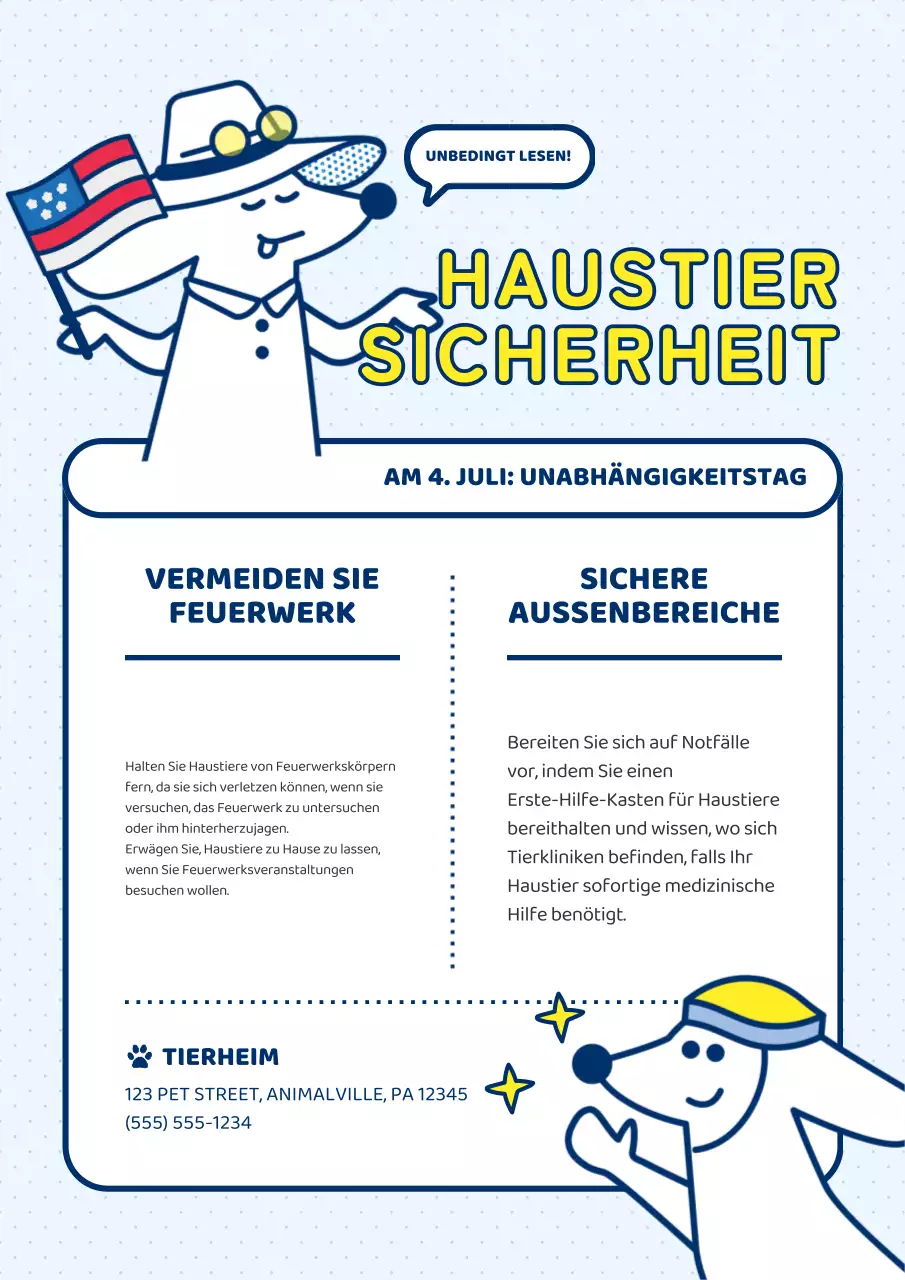 Moderne Sicherheitstipps für Haustiere, erklärt in Hellblau und Gelb