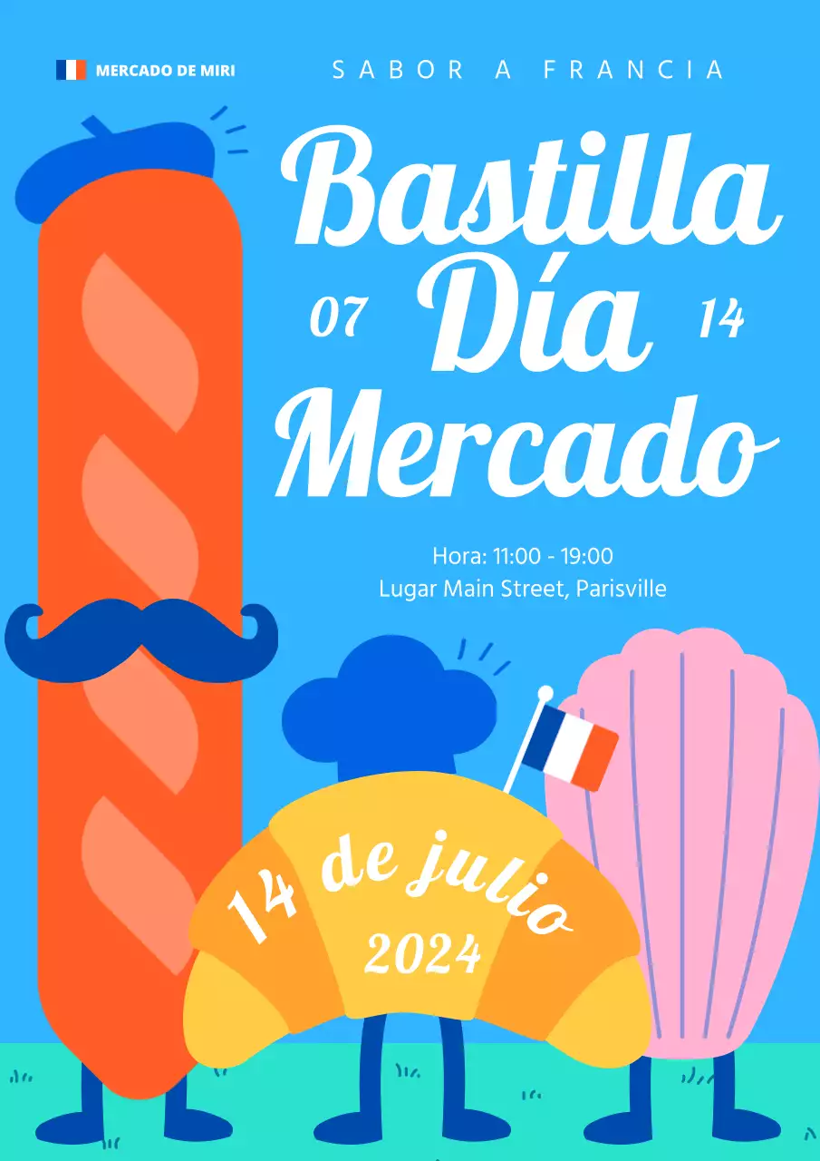 Promover un mercado kitsch del Día de la Revolución en azul y rojo