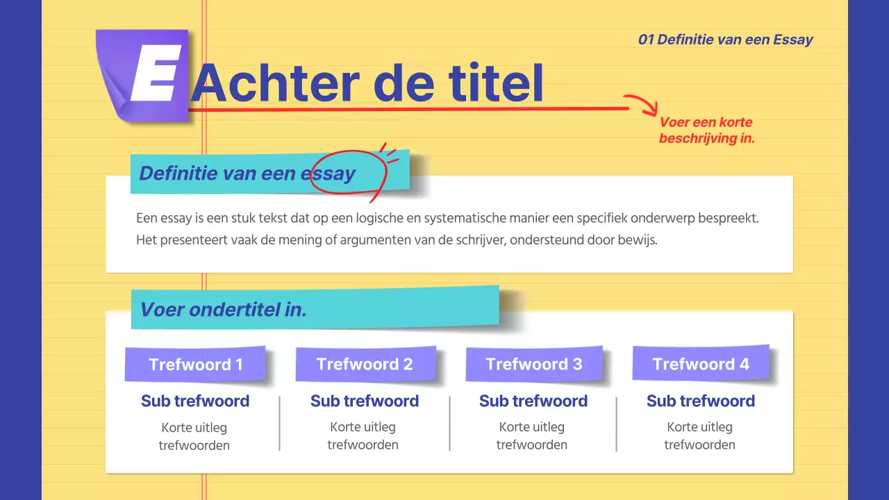 Aankondigingsinformatie gemarkeerd in geel en marineblauw