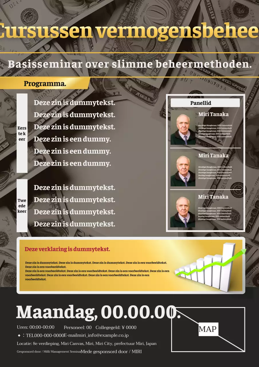 Een eenvoudige goud-zwarte advertentie voor een vermogensbeheercursus