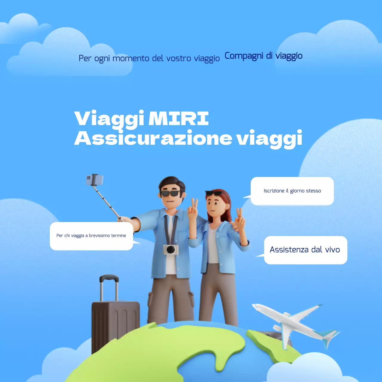 Pubblicità di tendenza per l'assicurazione viaggi in blu e bianco