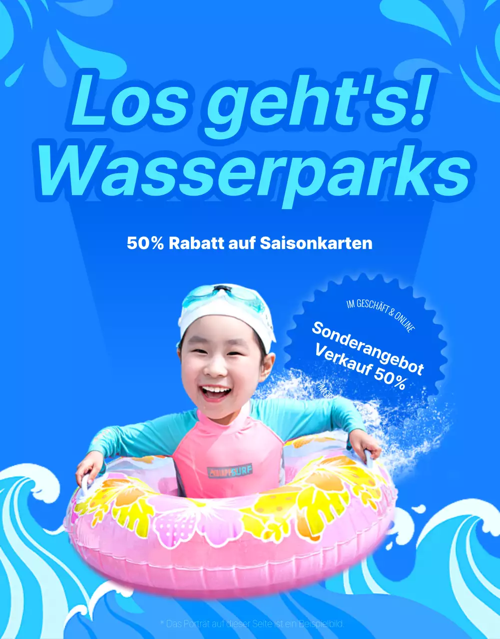 Werbung für einen trendigen Hotel-Wasserpark in Blau