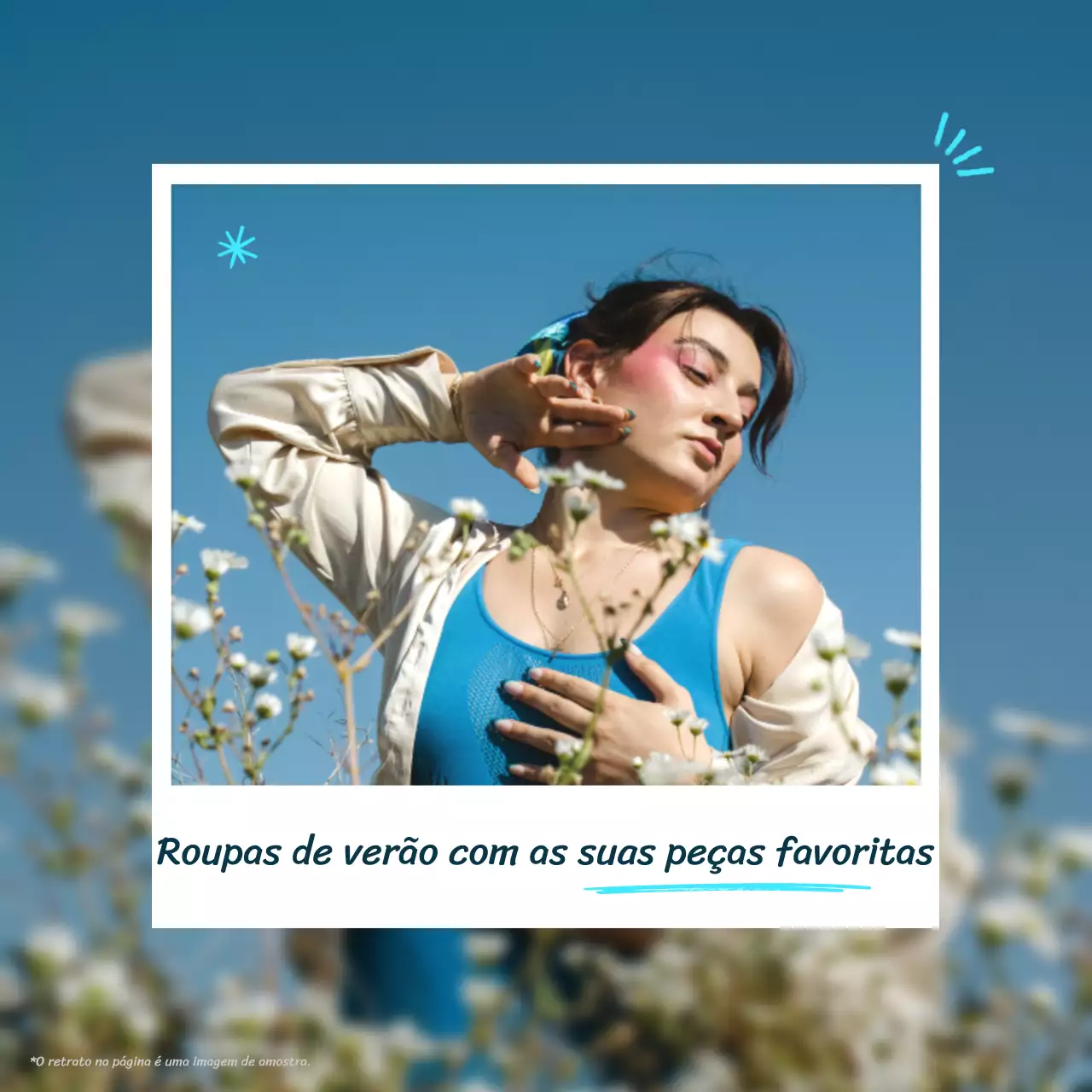 Um post a promover roupa de verão simples em azul claro e branco