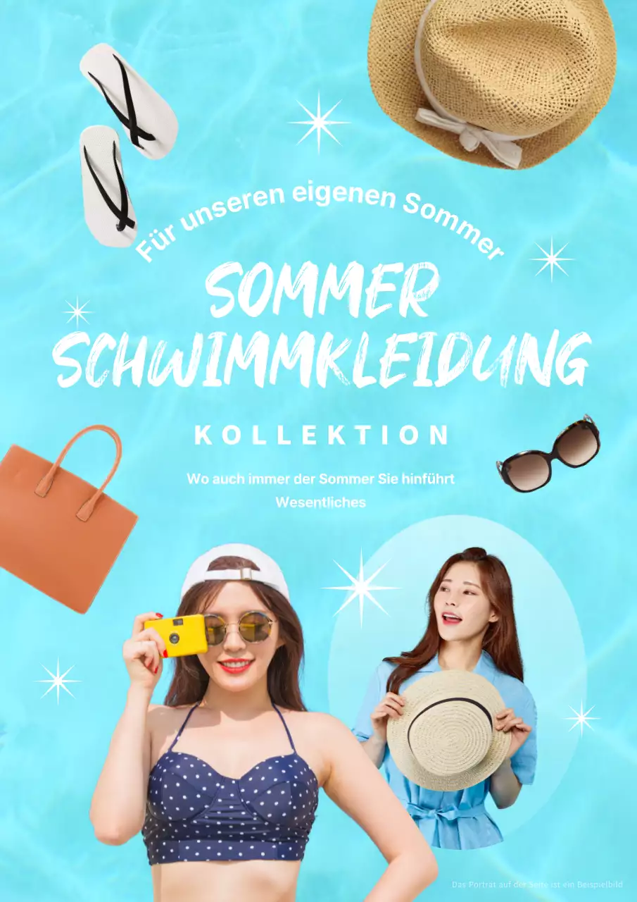 Werbung für trendige Sommerurlaubsartikel in Hellblau