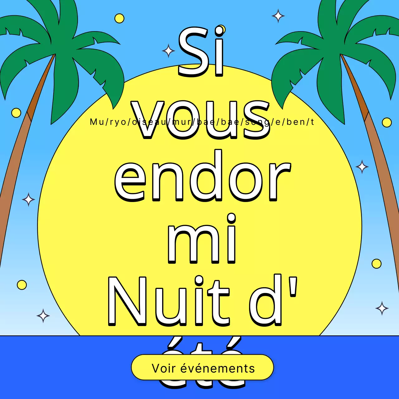 Une collection de vignettes d'événements estivaux avec un accent bleu clair et rose vif.