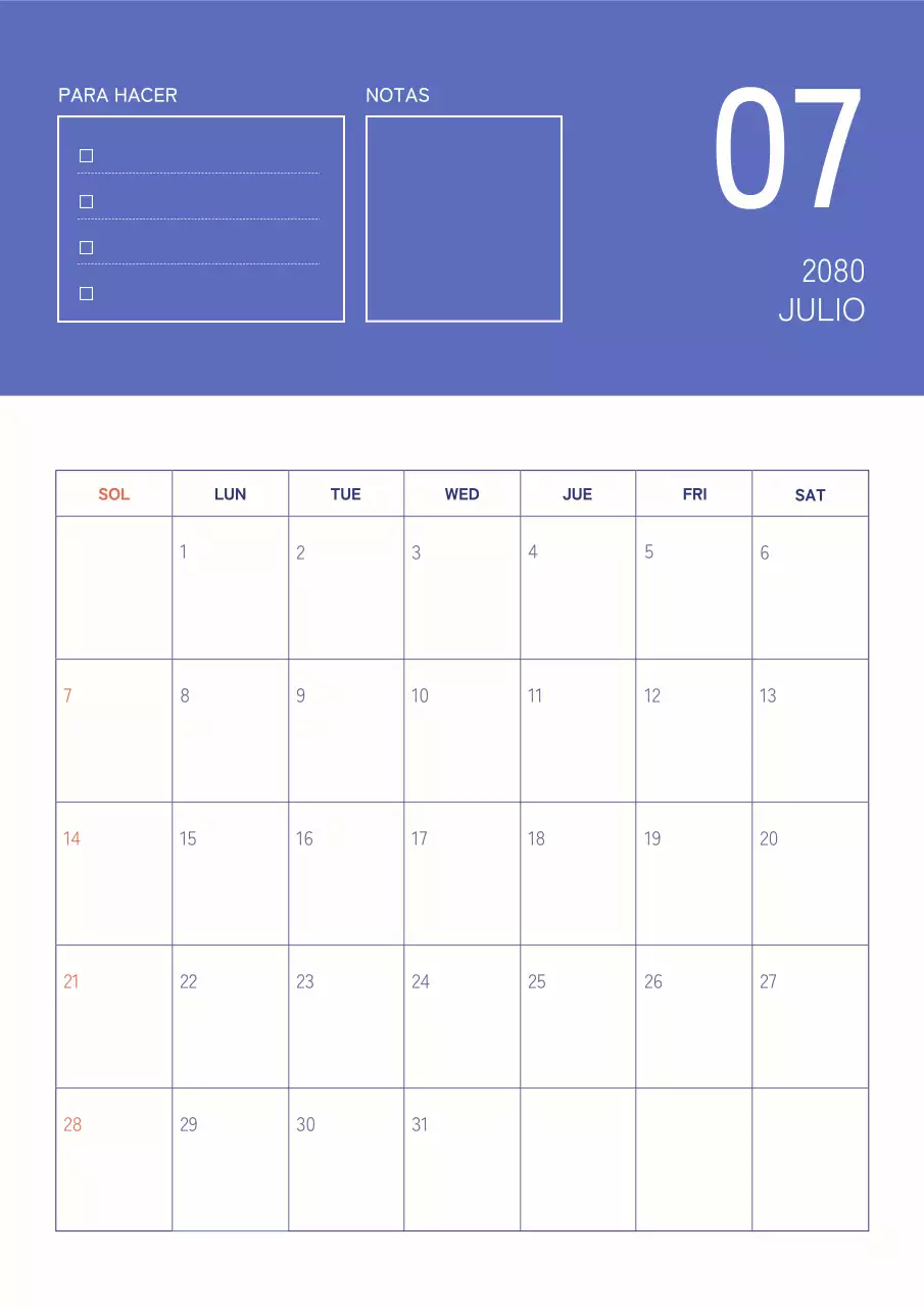 Sencillo calendario azul y marfil.