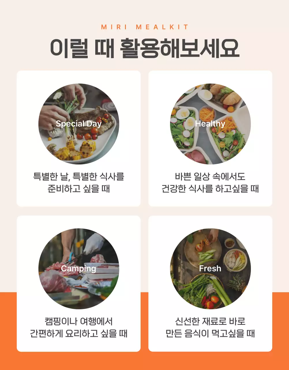 주황과 아이보리의 기본적인 밀키트 식품 체크포인트 홍보