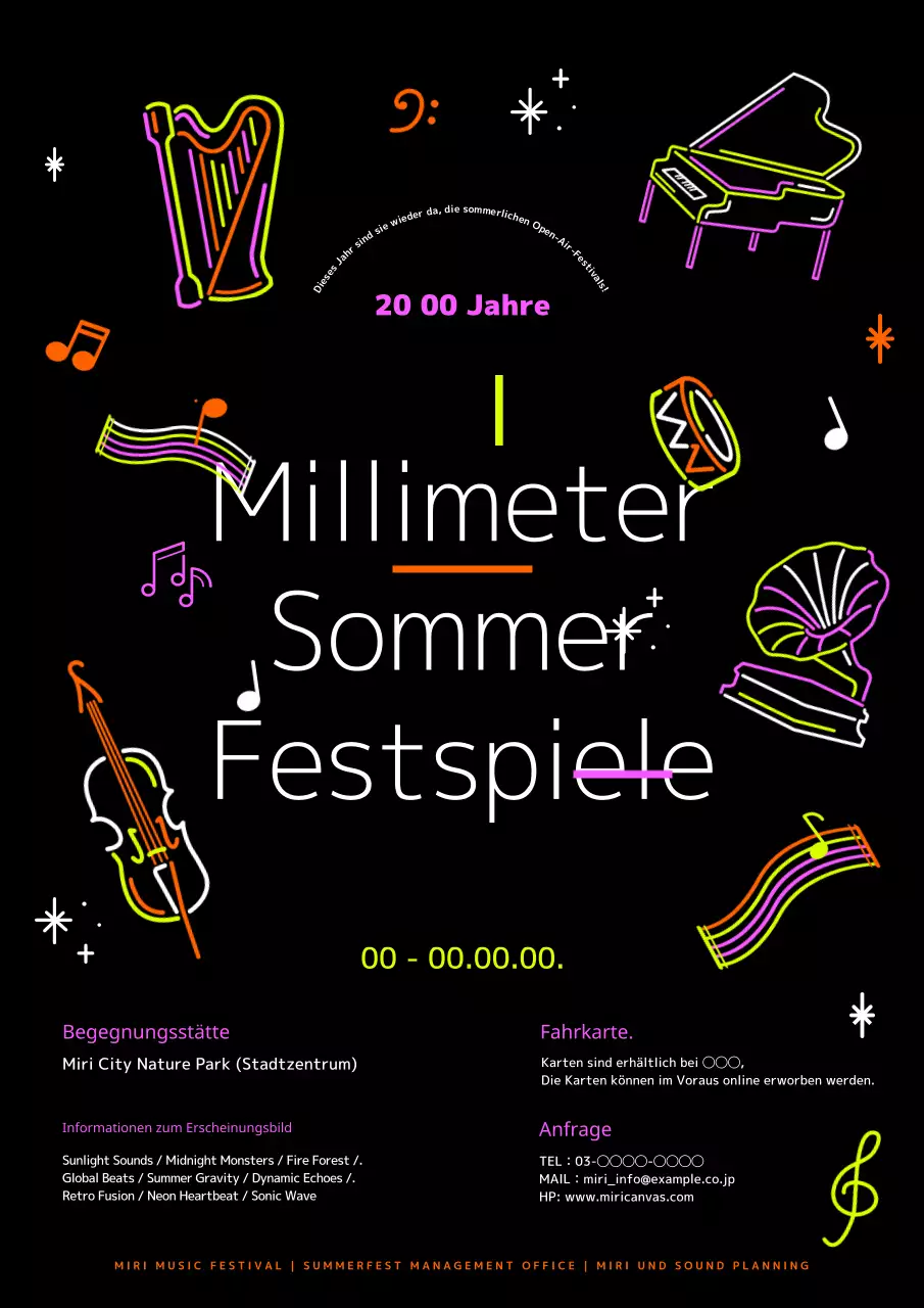 Schwarz und Neon Pop Art Sommer Musik Festival Ankündigung