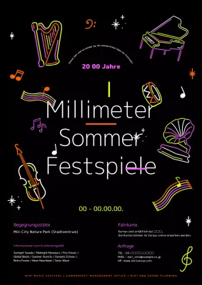 Schwarz und Neon Pop Art Sommer Musik Festival Ankündigung