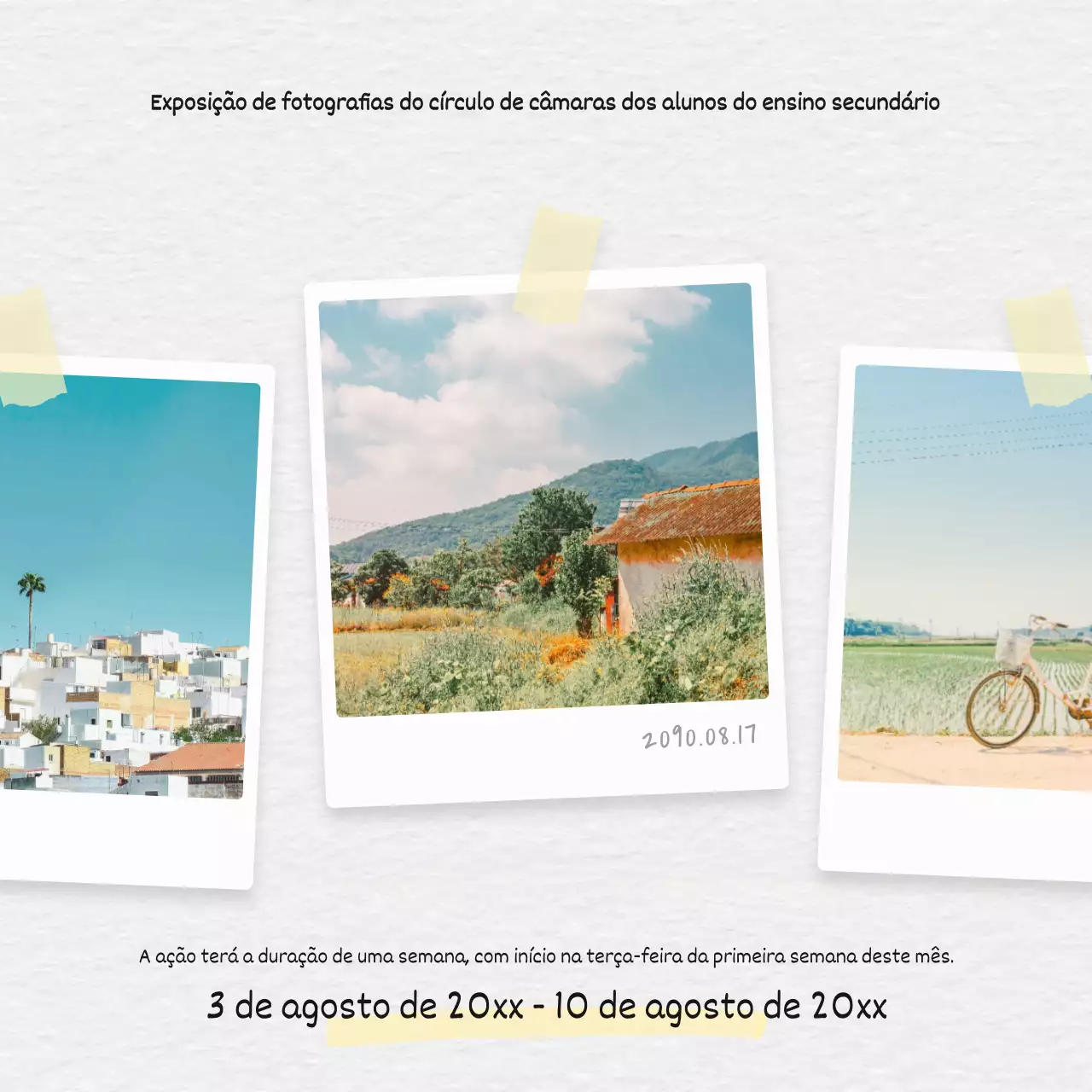 Um simples post amarelo e branco de promoção de uma exposição de verão