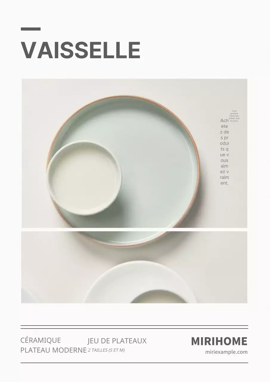 Publicité pour des produits de vaisselle minimaliste blanche et grise.