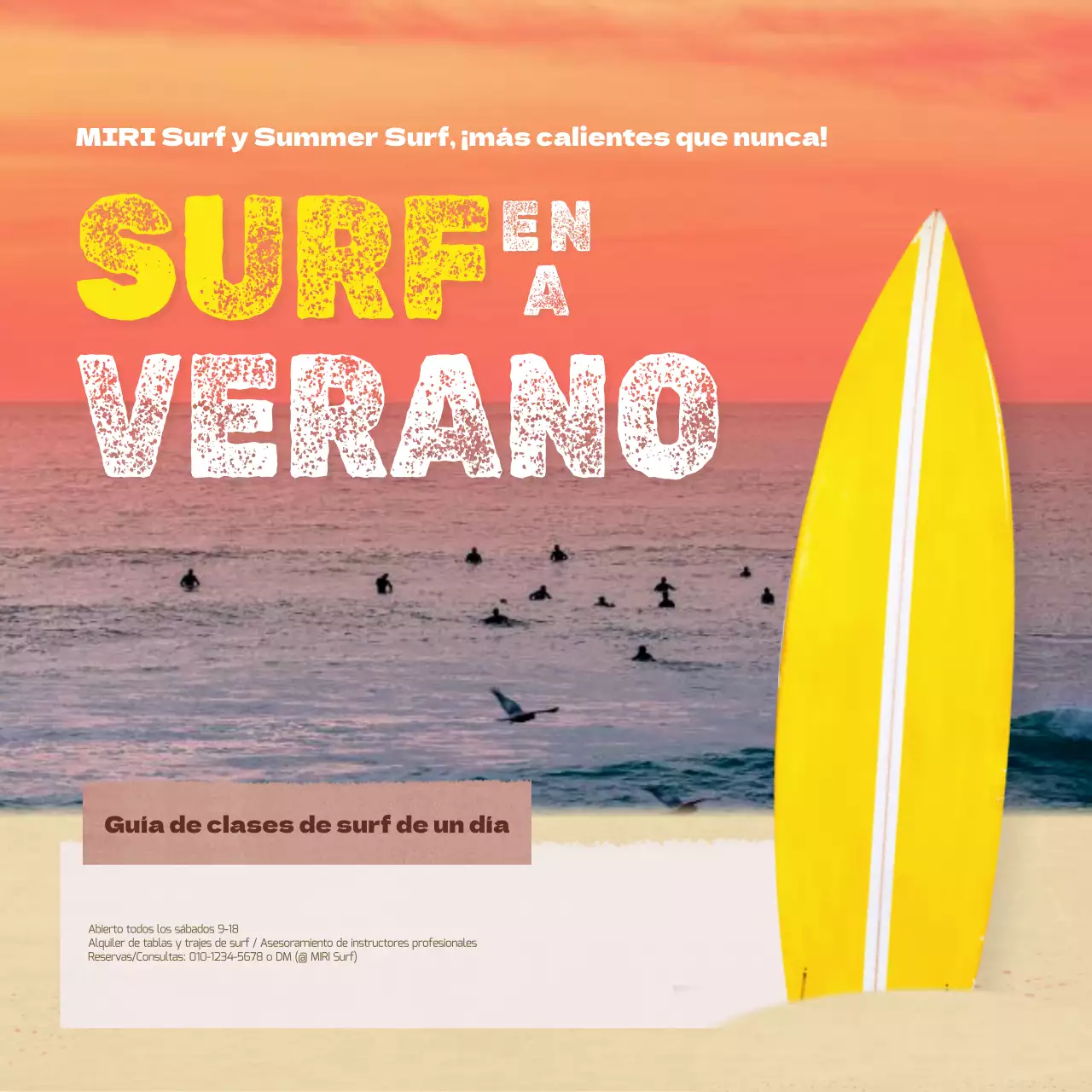 Promover clases de un día de surf natural en amarillo y naranja