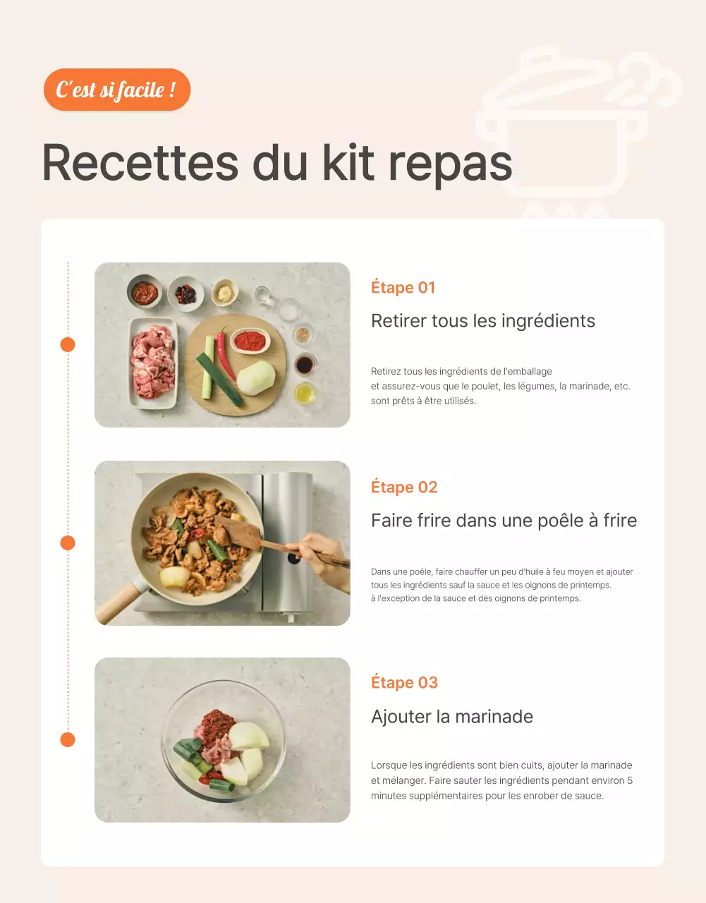 Décrire et promouvoir les aliments de base des kits de repas en orange et en ivoire