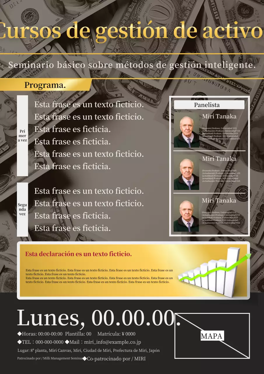 Un sencillo anuncio dorado y negro para un curso de gestión de patrimonios