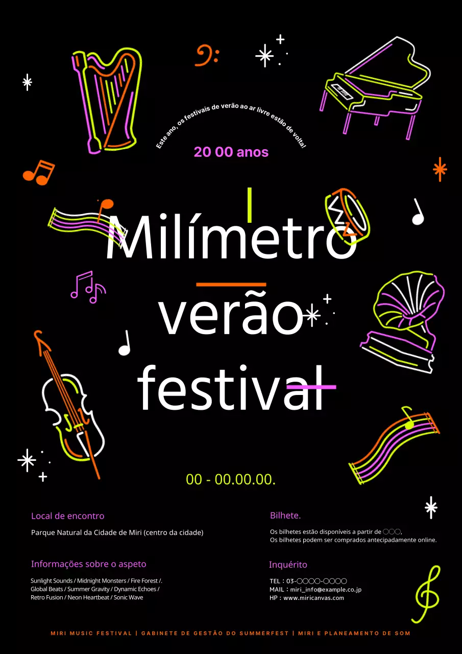 Anúncio do Festival de Música de verão de Arte Pop Negra e Neon
