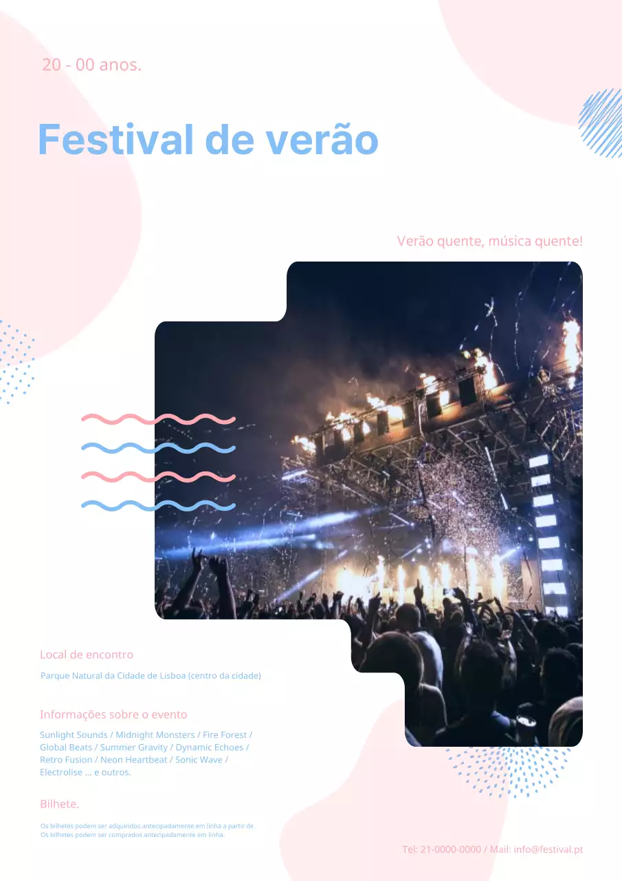 Anúncio de festivais de verão kitsch em azul claro e cor-de-rosa.
