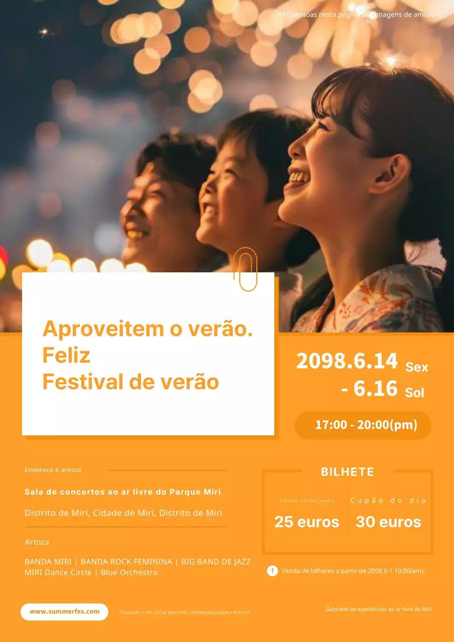 Publicidade simples de um festival de música numa noite de verão, a laranja e branco