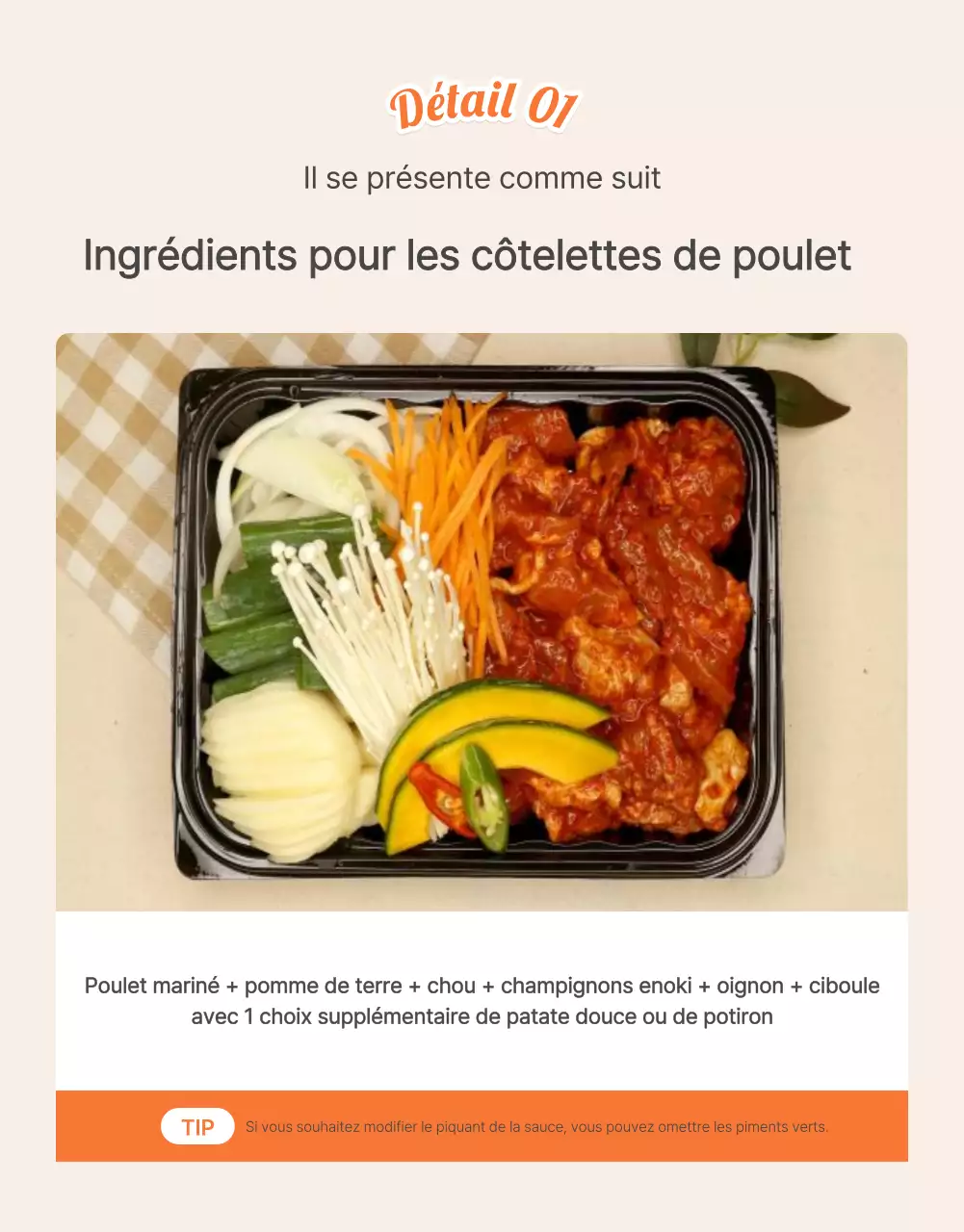 Décrire et promouvoir les aliments de base des kits de repas en orange et en ivoire
