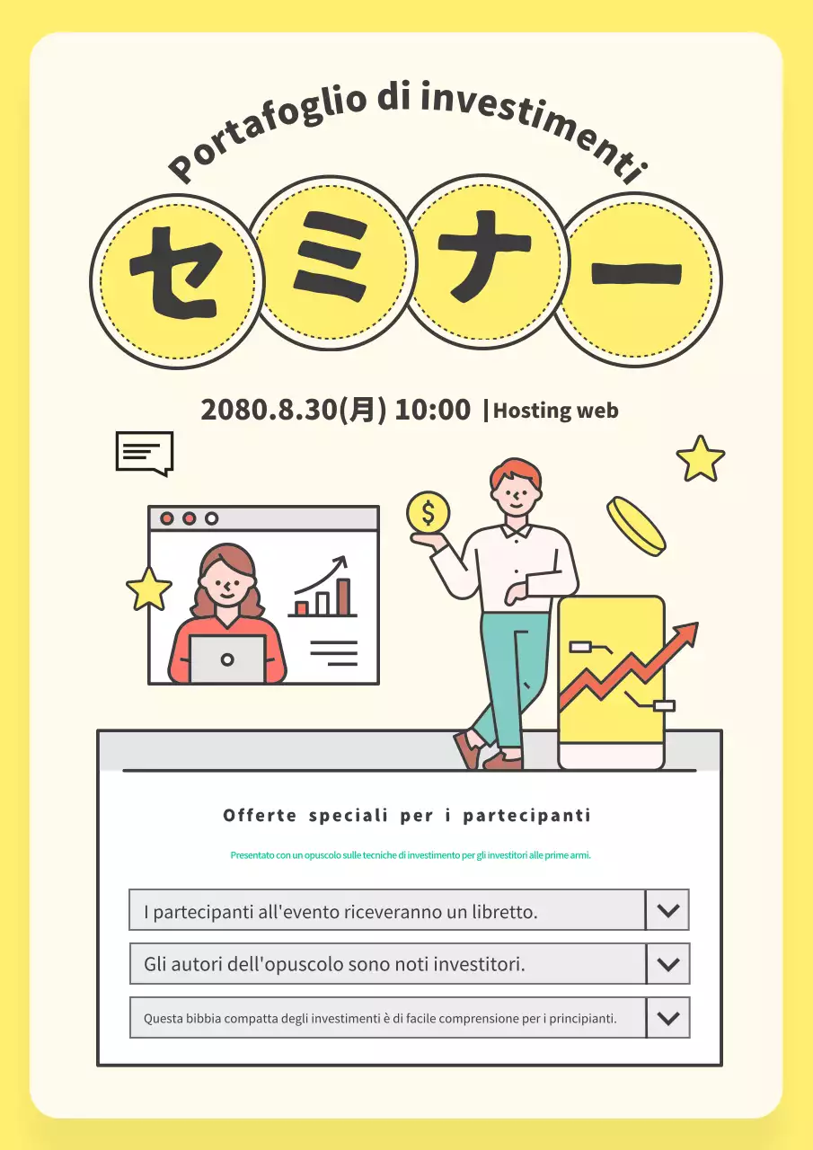Pubblicità per un bel seminario sulla gestione degli investimenti in giallo e avorio.