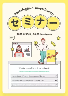 Pubblicità per un bel seminario sulla gestione degli investimenti in giallo e avorio.